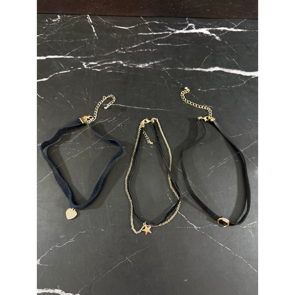 Set of 3 Black Velvet Chokers with Heart Star Moon Charms Adjustable to 15in
